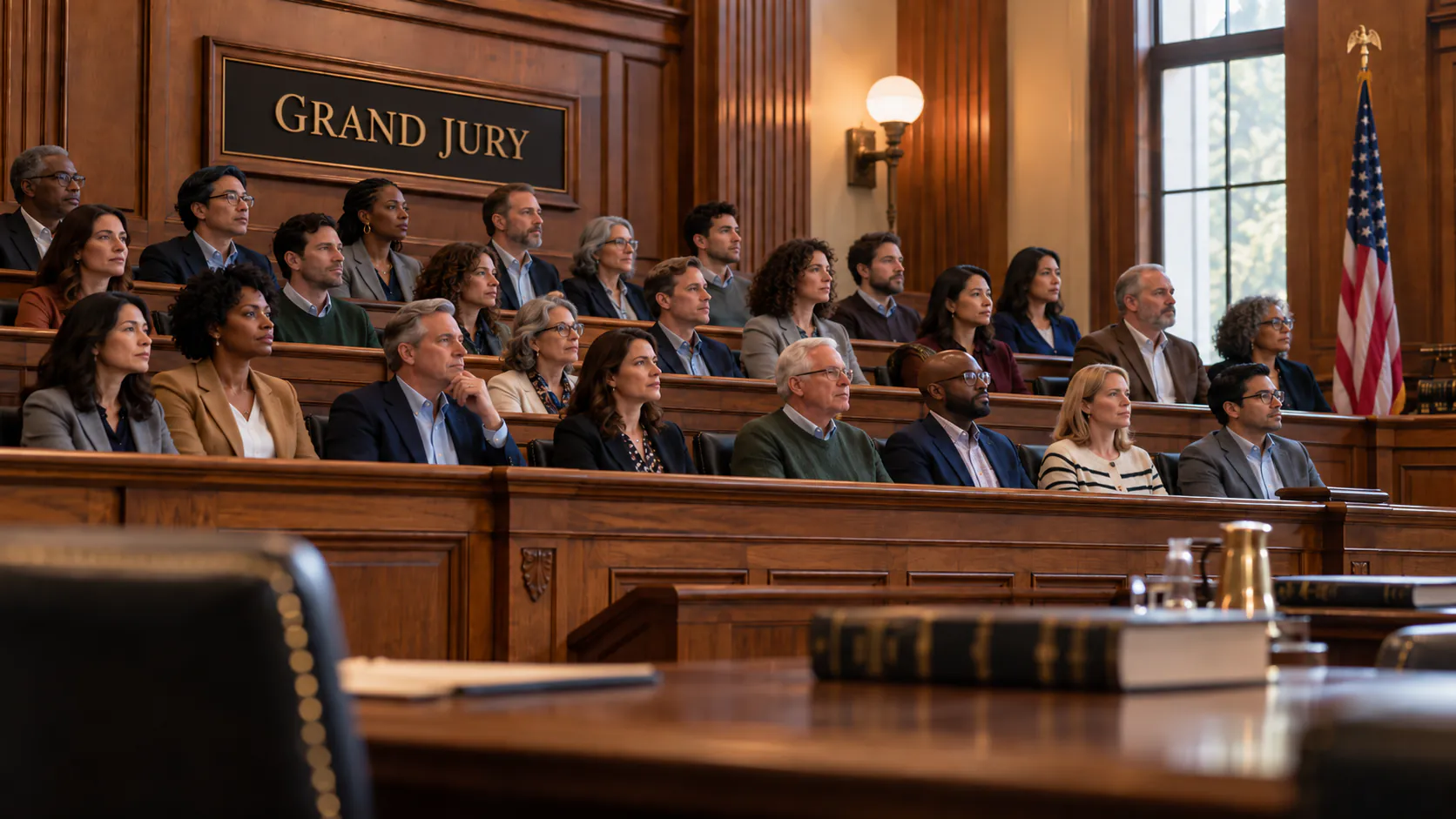 Большое жюри в зале суда с деревянными панелями, табличкой Grand Jury и американским флагом