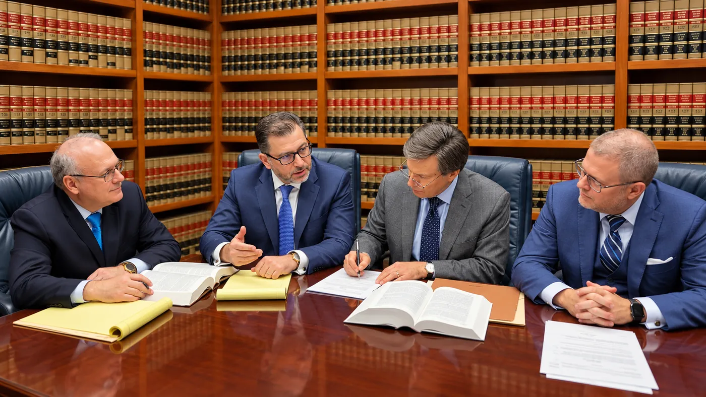 Адвокаты Sharifov & Associates, PLLC вместе изучают материалы дела в юридической библиотеке фирмы